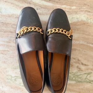 Tory Burch Black Loafers with Gold Chain Accent